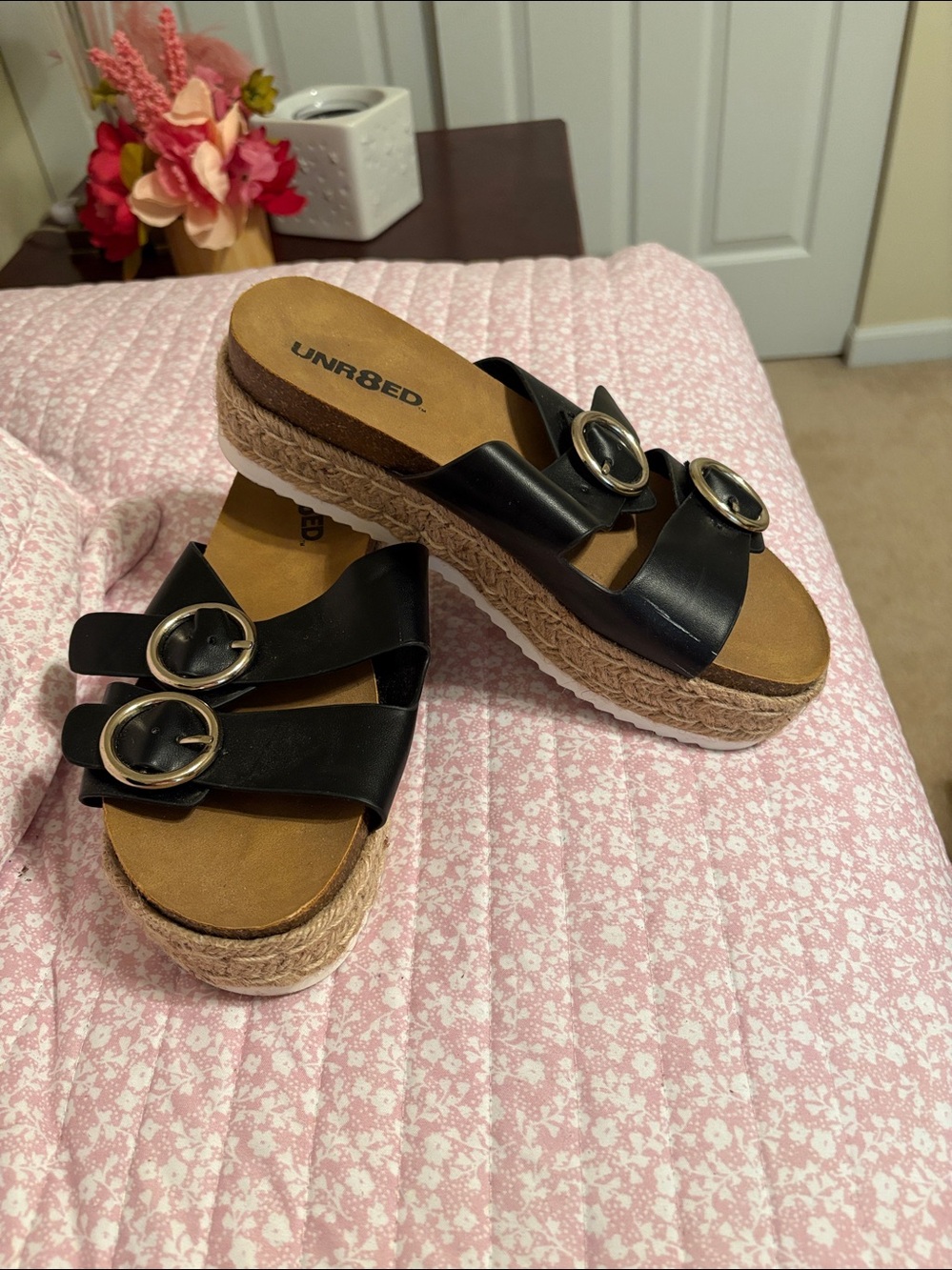 Black Double-Band Buckle Espadrille Mules